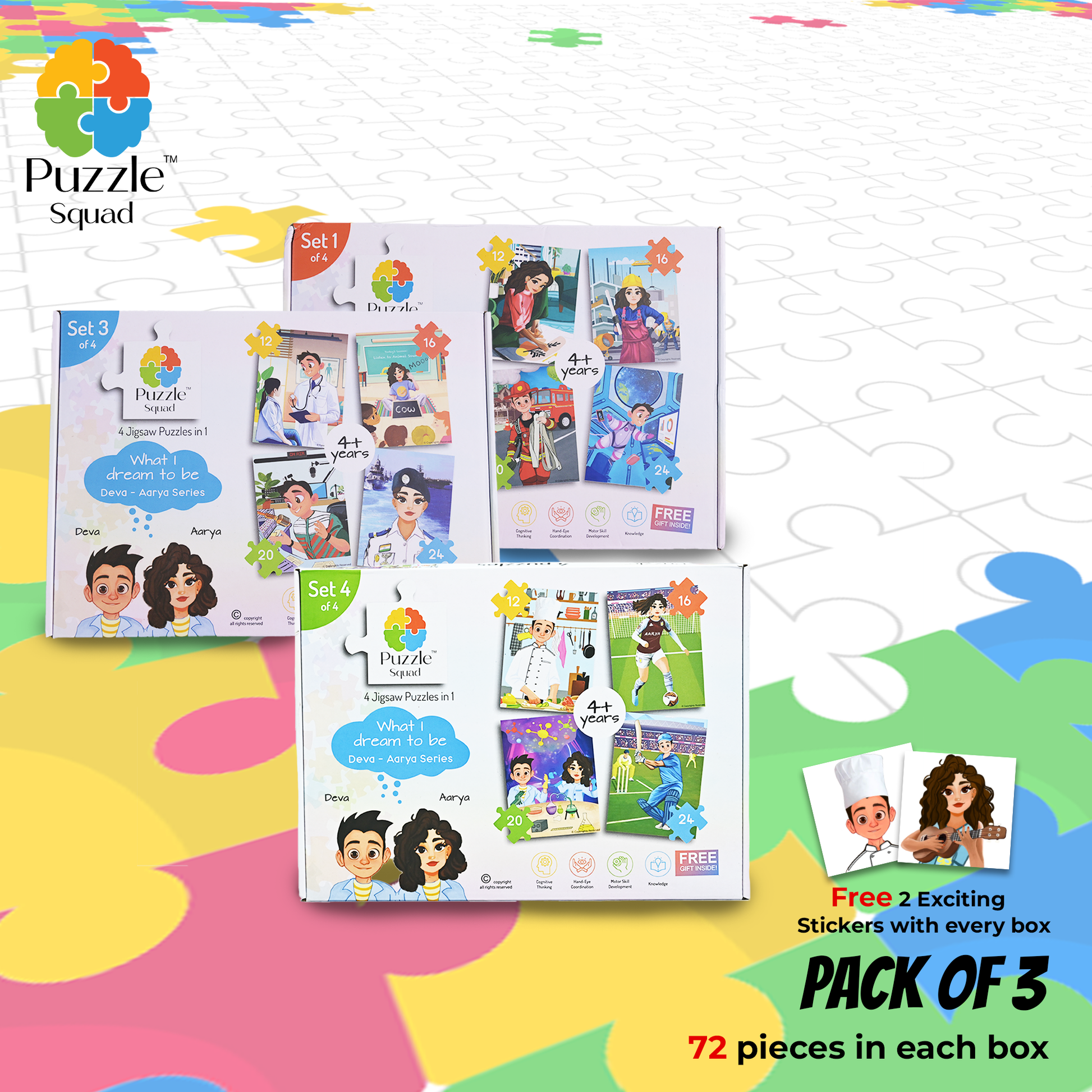 Puzzle Squad™ 4 in 1 Jigsaw Puzzle with 216 Pieces (Combo Pack of 3) | Educational Toys Board Game | What I Dream to be Deva – Aarya Series | Fun & Challenging Cardboard Puzzle