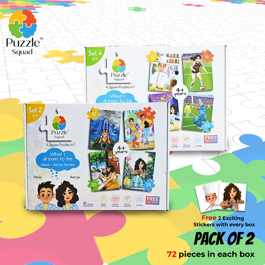 Puzzle Squad™ 4 in 1 Jigsaw Puzzle with 144 Pieces (Combo Pack of 2) | Educational Toys Board Game | What I Dream to be Deva – Aarya Series | Fun & Challenging Cardboard Puzzle