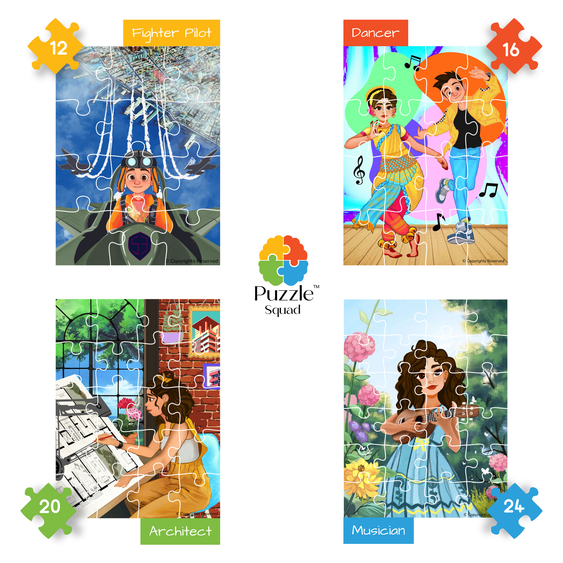 Puzzle SquadTM 4 in 1 Jigsaw Puzzle for Kids Children with 72 Pieces - What I Dream to be Deva - Aarya Series Pieces Indoor Game (Fighter Pilot, Dancer Architect, Musician) Set 2 of 4