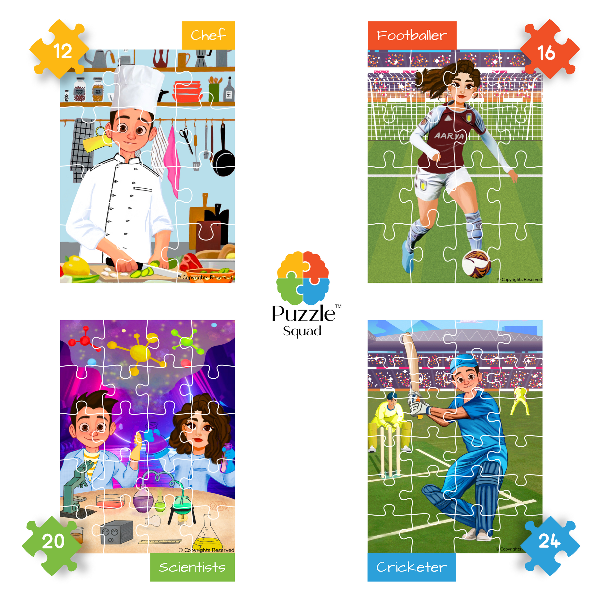 Puzzle SquadTM 4 in 1 Jigsaw Puzzle with 72 Pieces - What I Dream to be Deva - Aarya Series (Chef, Footballer, Scientist, Cricketer) Set 4 of 4